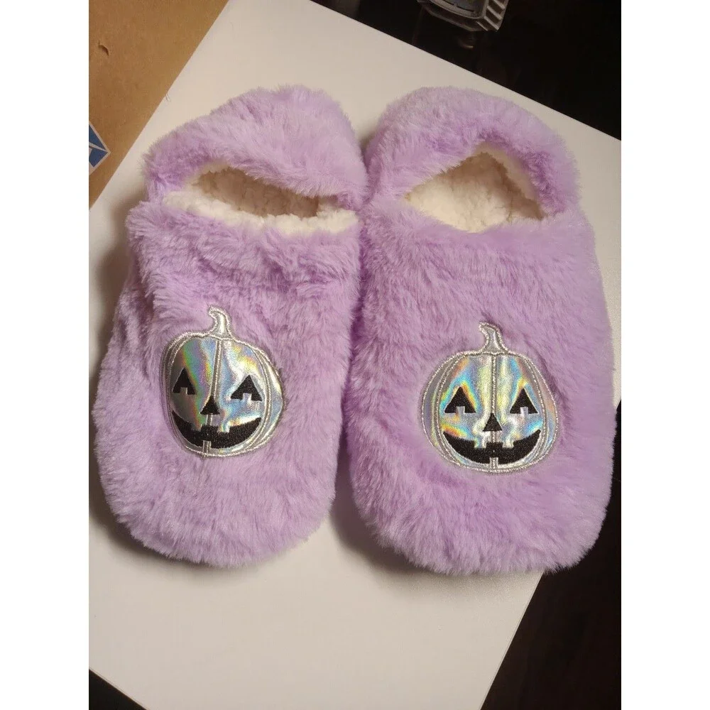 Women's Iridescent Pumpkin Faux Fur Slipper Socks - Purple Silver - Hyde & Eek!